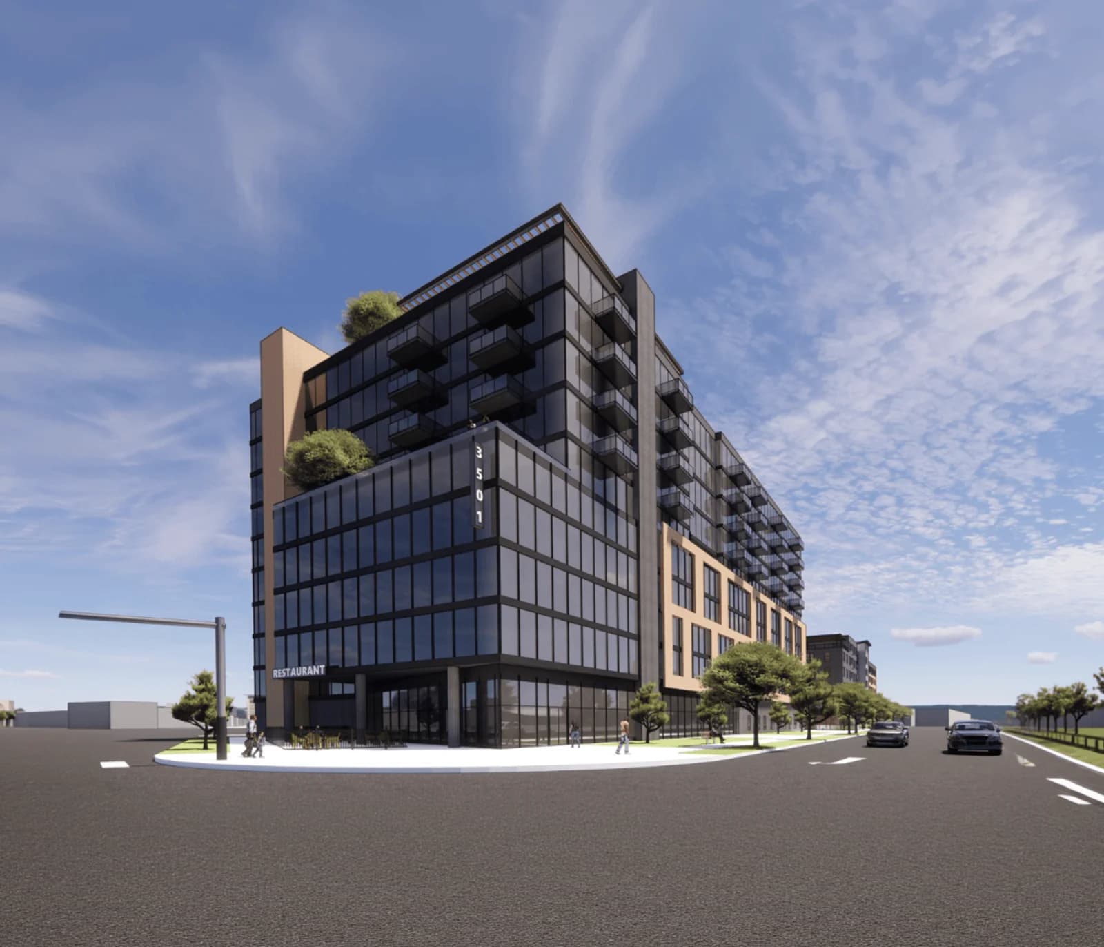 Street-level rendering of The Tower planned for 3501 Hiawatha